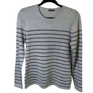 J. Mclaughlin- Silver & Black Metallic Striped Knit Stretch Button Collar Top, S